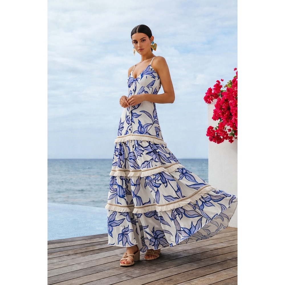 PatBO Stargazer Lace Trim Maxi Dress Size 8 Blue White Resort
